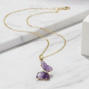 🆕New Amethyst Butterfly Necklace -14K Gold Plated 18”+ 2” Adjustable Chain